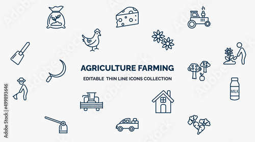 concept of agriculture farming web icons in outline style. thin line icons such as fertilizer, tractor, spring flower, planting, monoculture, milk jar, farm house, pickup, carrots vector.