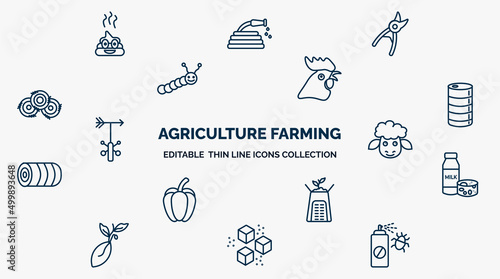 concept of agriculture farming web icons in outline style. thin line icons such as poo, pruners, rooster, barrell, sheep, milk products, composter, sugar, insecticide vector.
