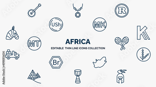 concept of africa web icons in outline style. thin line icons such as banjo, south african rand, malawian kwacha, kenyan shilling, maraca, rwandan franc, south africa, african drum, warrior vector.