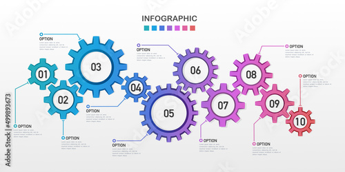 Timeline presentation 10 options gear colorful gradient. Anniversary 10th years. Planning 10 years.