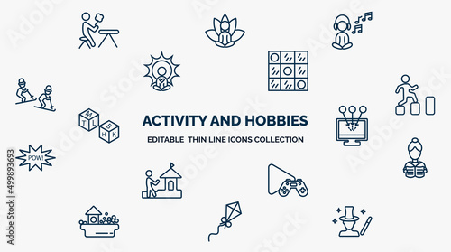 concept of activity and hobbies web icons in outline style. thin line icons such as lace making, relaxing, checkers, parkour, collecting, read, game playing, flying a kite, magician vector.