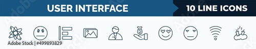 set of 10 user interface web icons in outline style. thin line icons such as nuclear cells, angry smile, object alignment, images, news reporters, earn money, in love smile, vector illustration.