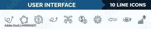 set of 10 user interface web icons in outline style. thin line icons such as swirly scribbled arrow, spinning arrows, updating arrow, up arrow with scribble, move content, improve incomes, solar