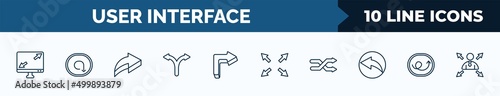 set of 10 user interface web icons in outline style. thin line icons such as display size, clockwise drawn arrow, 3d forward arrow, bifurcation, 3d turn right arrow, size, crossover, right loop