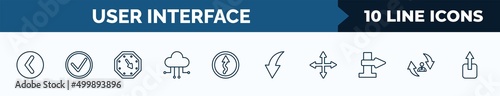 set of 10 user interface web icons in outline style. thin line icons such as round left button, right, corner widget, cloud with connection, curvy road warning, curve arrow, four expand arrows,