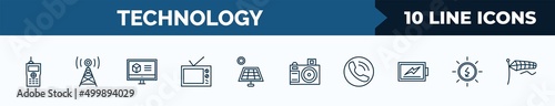 set of 10 technology web icons in outline style. thin line icons such as big walkie talkie, media, 3d printing software, old tv, frontal solar panel, camera front view, reciever, sun energy vector