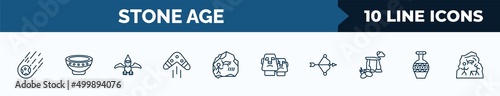 set of 10 stone age web icons in outline style. thin line icons such as meteorite, plate, pterodactyl, boomerang, rock art, moai, bow and arrow, pottery vector illustration.