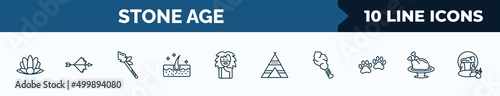 set of 10 stone age web icons in outline style. thin line icons such as shellfish, bow, spear, skin, troglodyte, tipi, cudgel, roast chicken vector illustration.