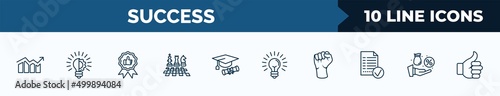 set of 10 success web icons in outline style. thin line icons such as profits, innovation, best, chess board, mortarboard, idea, fist, commission vector illustration.