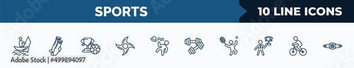 set of 10 sports web icons in outline style. thin line icons such as fishing man, long socks, football cup, ninja shuriken, man losing hat, dumbbell for training, man playing tennis, bicycle rider