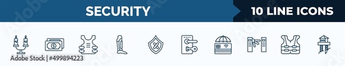 set of 10 security web icons in outline style. thin line icons such as candles light, two dollar bills, bullet proof vest, leg protector, unsecure, door lock, protected credit card, reflective vest