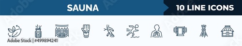 set of 10 sauna web icons in outline style. thin line icons such as fresh air supply, aroma stimulation, turkish bath, mottled skin, arterioles, adrenalin rush, respiration, birching vector