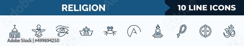 set of 10 religion web icons in outline style. thin line icons such as christianity, monk, eye of ra, heresy, pastafarianism, atheism, great buddha, animism vector illustration.