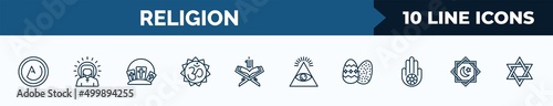 set of 10 religion web icons in outline style. thin line icons such as asceticism, jesus, calvary, om, koran, cao dai, easter eggs, rub el hizb vector illustration.