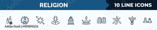set of 10 religion web icons in outline style. thin line icons such as candles, buddhism, holy star, priest, doi suthep, diwali, commandments, incense vector illustration.
