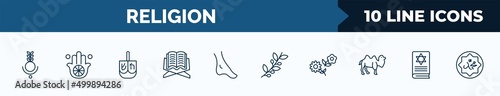 set of 10 religion web icons in outline style. thin line icons such as bindi, karma, dreidel, holy quran, feet, olive branch, flowers, torah book vector illustration.