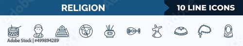 set of 10 religion web icons in outline style. thin line icons such as eyd drum, buddhist monk, minbar, forbidden foods, incense burner, oud, sufi mystic, raya rosary vector illustration.