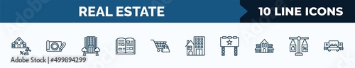 set of 10 real estate web icons in outline style. thin line icons such as sold, technical drawing, office building, catalog, shopping, real state, billboard, juridical vector illustration.