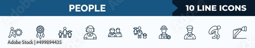 set of 10 people web icons in outline style. thin line icons such as effort, bohemian, father and children, small boy, brothers, man girl and dog, technician, burden vector illustration.