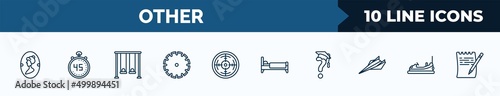 set of 10 other web icons in outline style. thin line icons such as women's bathroom, digital number 45, swing game, saw blade, shooting gallery, sleeping bed, graduation's questions, bump car