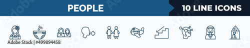 set of 10 people web icons in outline style. thin line icons such as mexican woman, baby diaper, friends, cough, restroom, aviation, downstairs, bedouin vector illustration.