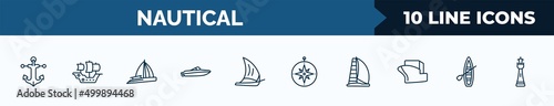 set of 10 nautical web icons in outline style. thin line icons such as marine, caravel, gunboat, speedboat, felucca, azimuth compass, scow, skiff vector illustration.