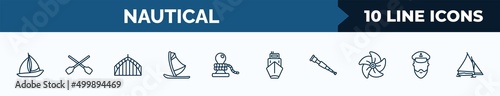 set of 10 nautical web icons in outline style. thin line icons such as windsail, seaworthy, afterdeck, windsurf board, rope tied, ballast, spyglass, ship admiral vector illustration.