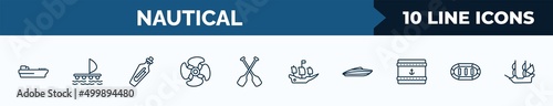 set of 10 nautical web icons in outline style. thin line icons such as tanker ship, wood raft, message in a bottle, ship engine propeller, paddles, pirate ship, speed boat, rubber raft vector
