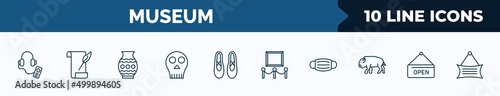 set of 10 museum web icons in outline style. thin line icons such as audio guide, poetry, porcelain, anthropology, ballet, exhibit, mask, open vector illustration.