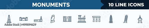 set of 10 monuments web icons in outline style. thin line icons such as the, stari most, moscow, moia statues, barcelona, roman theatre of merida, bay, tower of pisa vector illustration.