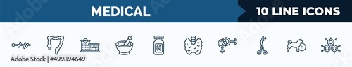 set of 10 medical web icons in outline style. thin line icons such as pulse line, colon, hospital building front, phary tool, pills jar, thyroid gland, united heterosexual, canine vector