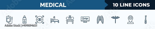 set of 10 medical web icons in outline style. thin line icons such as perfusion, l, eye scanner medical, illness on bed, p, medical heart scan, sternum, hospital placeholder vector illustration.