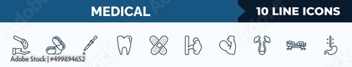 set of 10 medical web icons in outline style. thin line icons such as acid falling on hand, medicine capsules, eye dropper, molar tooth, sticking plaster, adrenal gland, strong, hospital bed side