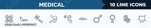 set of 10 medical web icons in outline style. thin line icons such as plaster, inhalator, tooth brush, stoh, ear, lifeline, male, medical insurance vector illustration.