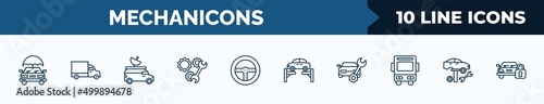 set of 10 mechanicons web icons in outline style. thin line icons such as car with an umbrella, lorry side view, van an antenna, repair mechanism, car steering wheel, car on an elevator, repairing,