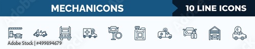set of 10 mechanicons web icons in outline style. thin line icons such as car in a gas station, convertible car, big truck, ambulance facing left, changing car tire, change oil, red cross inside a