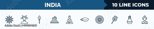 set of 10 india web icons in outline style. thin line icons such as mandala, varaja, kartikeya, yagna, buddhist, biju janata dal, ashoka, tandoori vector illustration.