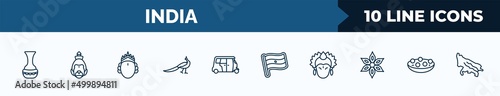 set of 10 india web icons in outline style. thin line icons such as indian vase, hanuman, ardhanareeswara, peacock, rickshaw, india badge, krishna, kanji vadas vector illustration.