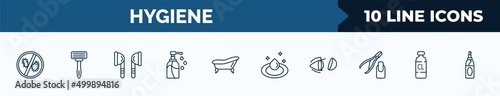 set of 10 hygiene web icons in outline style. thin line icons such as antibacterial, shaving razor, ear buds, pump bottle, bathroom, purity, lens, chlorine vector illustration.