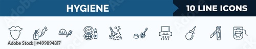 set of 10 hygiene web icons in outline style. thin line icons such as beardy, antiseptic, shower cap, cosmetics, wet cleaning, toilet brush, extractor, nail clippers vector illustration.
