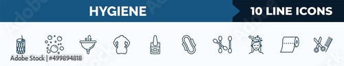 set of 10 hygiene web icons in outline style. thin line icons such as toothpick, bubbles, washbasin, body shaming, varnish, hygienic pad, cotton swab, paper towel vector illustration.