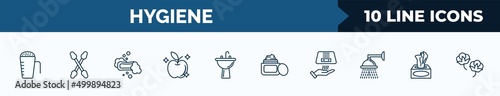 set of 10 hygiene web icons in outline style. thin line icons such as detergent dose, cotton swabs, lather, food hygiene, washbowl, face cream, drying hands, tissues vector illustration.