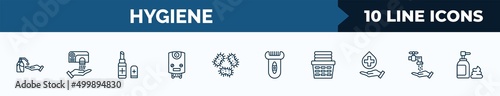 set of 10 hygiene web icons in outline style. thin line icons such as gel, hand dryer, lip balm, water heater, parasite, depilator, laundry basket, ablution vector illustration.