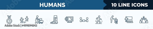 set of 10 humans web icons in outline style. thin line icons such as first prize, playing with a ball, hotel supplier, broken leg, online business, give over, walk, business presentation vector