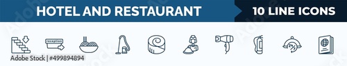 set of 10 hotel and restaurant web icons in outline style. thin line icons such as go down, check out, spaghetti, vacuum cleaner, cinnamon roll, reception, hairdryer, 24 service vector illustration.