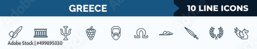 set of 10 greece web icons in outline style. thin line icons such as ink and quill, parthenon, psi, grapes bunch, plato, omega, , laurel vector illustration.