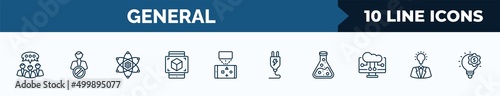 set of 10 general web icons in outline style. thin line icons such as group opinion, impeachment, core values, ar presentation, ar game, electric plug, chemical lab, brand awareness vector