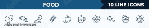 set of 10 food web icons in outline style. thin line icons such as slot, butcher, fallen, brochette, leaf, hot coffee cup, raspberry leaf, healthy nutrition vector illustration.