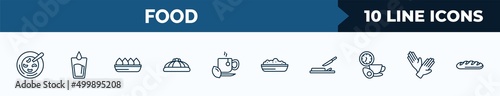 set of 10 food web icons in outline style. thin line icons such as red bean soup, water glass, fried tofu curd balls, king cake, hot herbal, risotto, chop, protection gloves vector illustration.