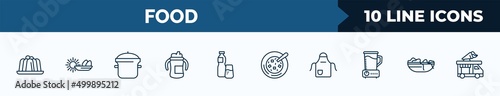 set of 10 food web icons in outline style. thin line icons such as jelly, morning, kitchen pot, sippy cup, drink water, winter melon soup, kitchen pack, worms vector illustration.